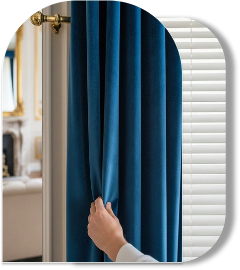 Blue velvet curtains and white blinds in Dubai.